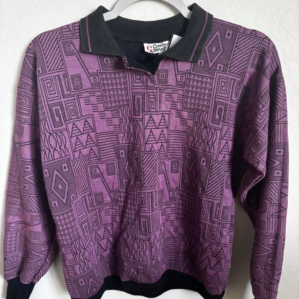 Vintage Geometric Tribal Sweater Cristin Stevens Purple Black Polo Knit Pullover
